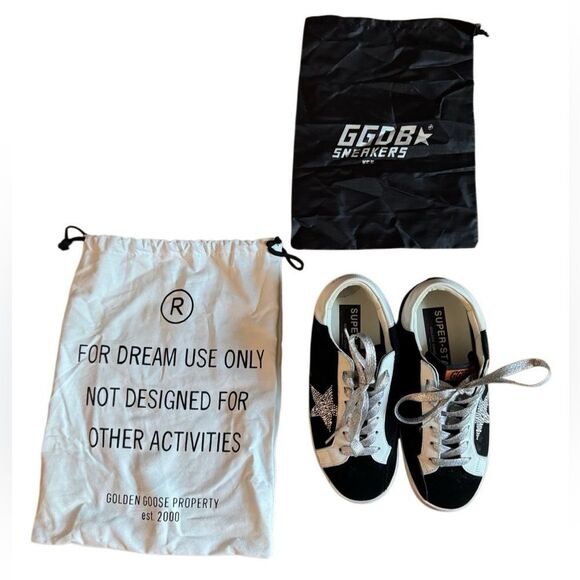 Golden Goose Shoes - Golden Goose Women's Super Star Suede Silver Sparkle Sneakers + Bags Size 39